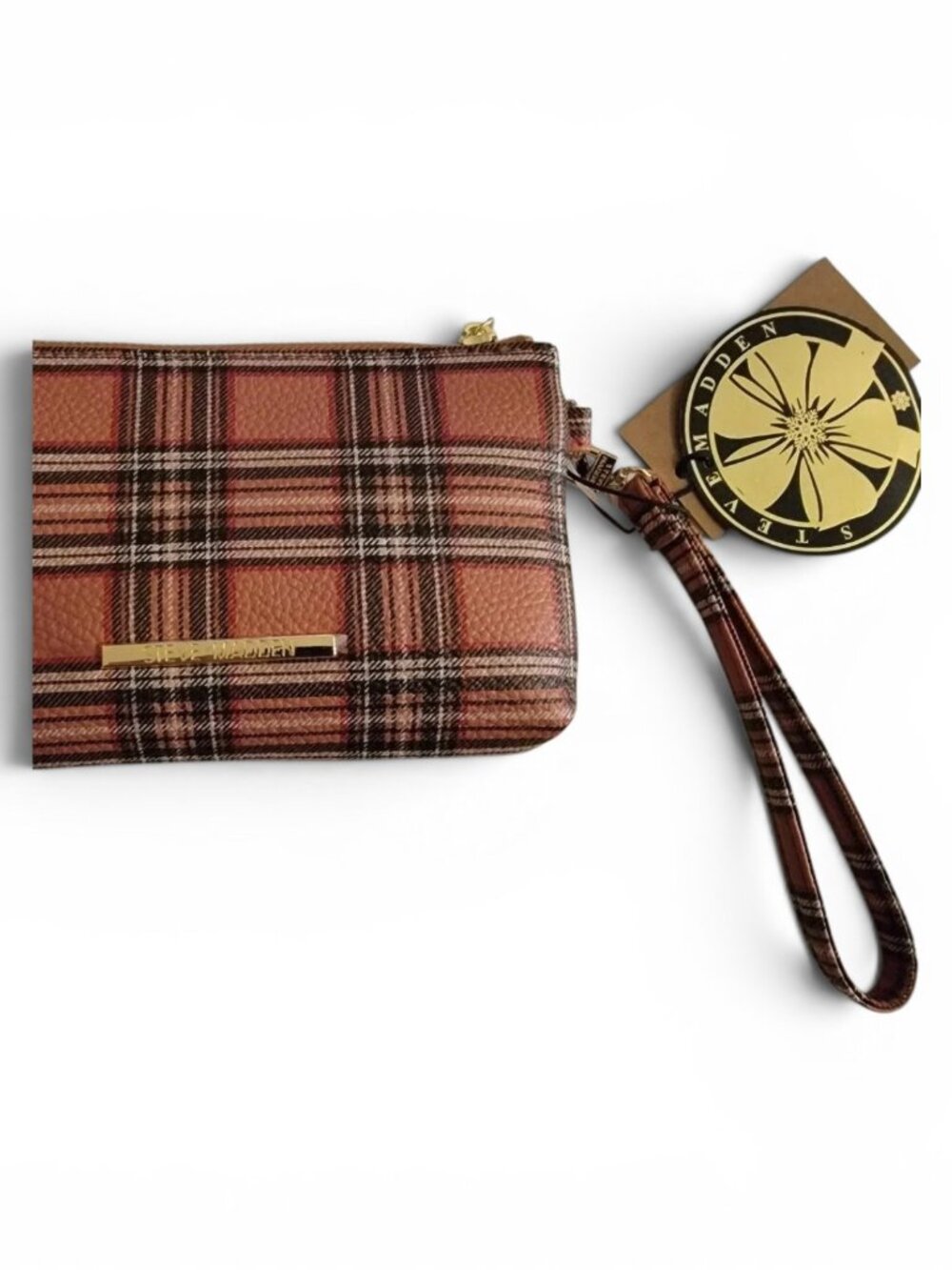 Steve Madden Plaid Wristlet Wallet NWT Red Brown Zip Clutch Pouch Preppy